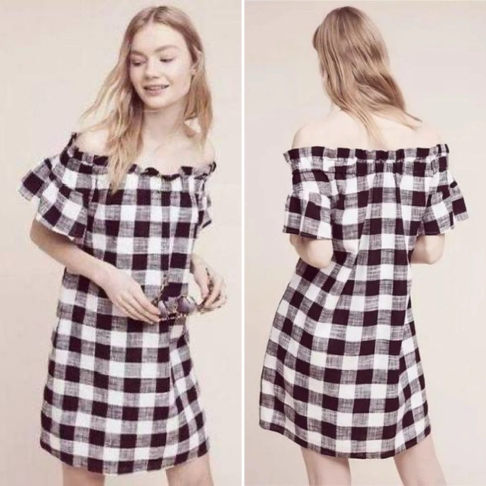 Anthropologie Corey Lynn Calter Off Shoulder‎ Black Gingham Dress XS mini linen